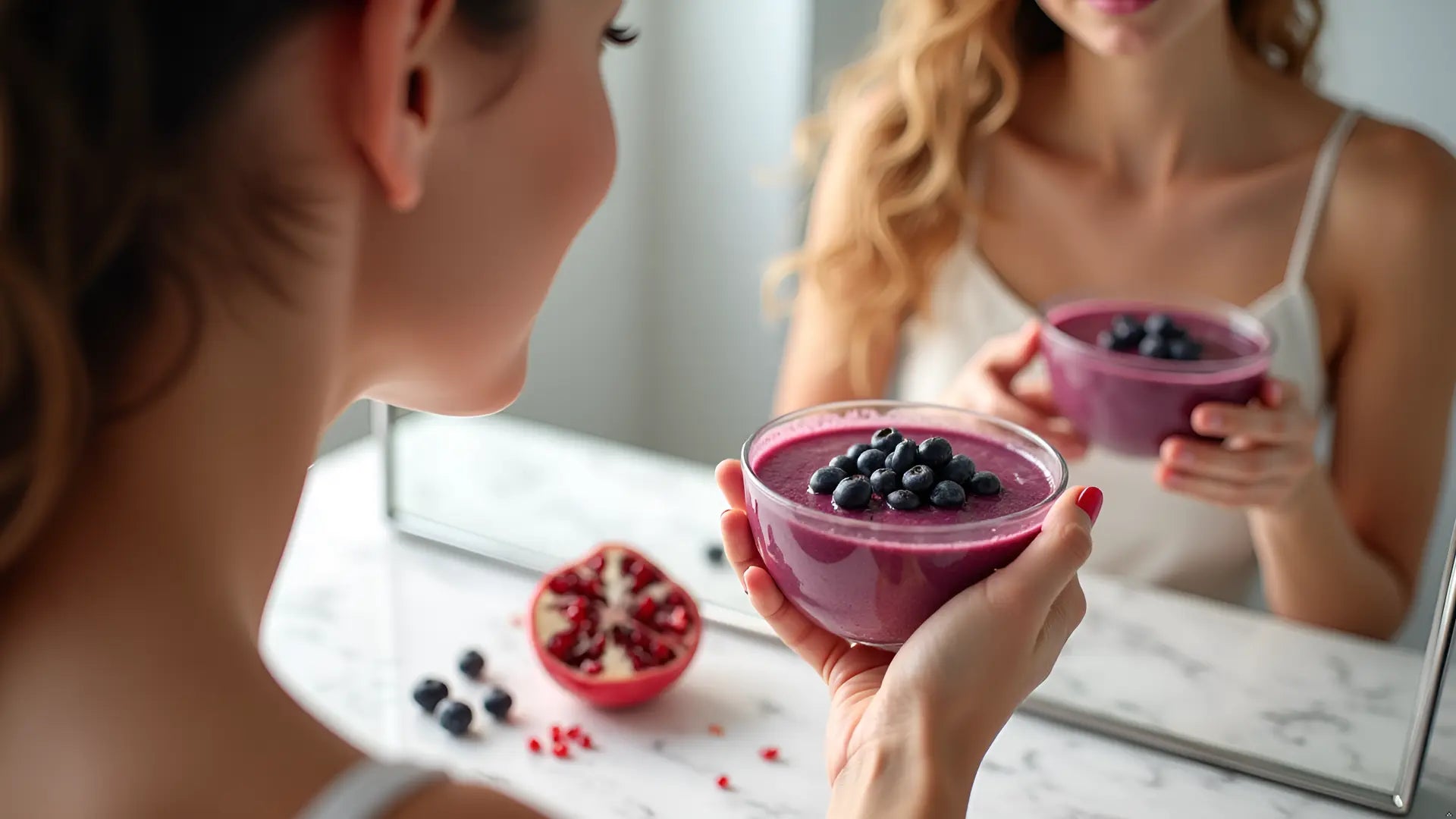 A radiant beauty lifestyle scene. A young woman with glowing, healthy skin sits in front of a vanity mirror in soft natural morning light, holding a small bowl of deep purple acai-berry smoothie. Fresh pomegranate seeds and blueberries on the marble surface beside her. Feminine, elegant, soft pink and purple tones. Beauty from within concept. Editorial skincare photography. No text.