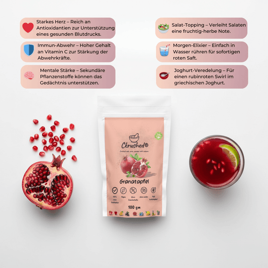 Granatapfelpulver Verpackung 100g – vegan, ohne Zuckerzusatz, reich an Polyphenolen und Punicalagin