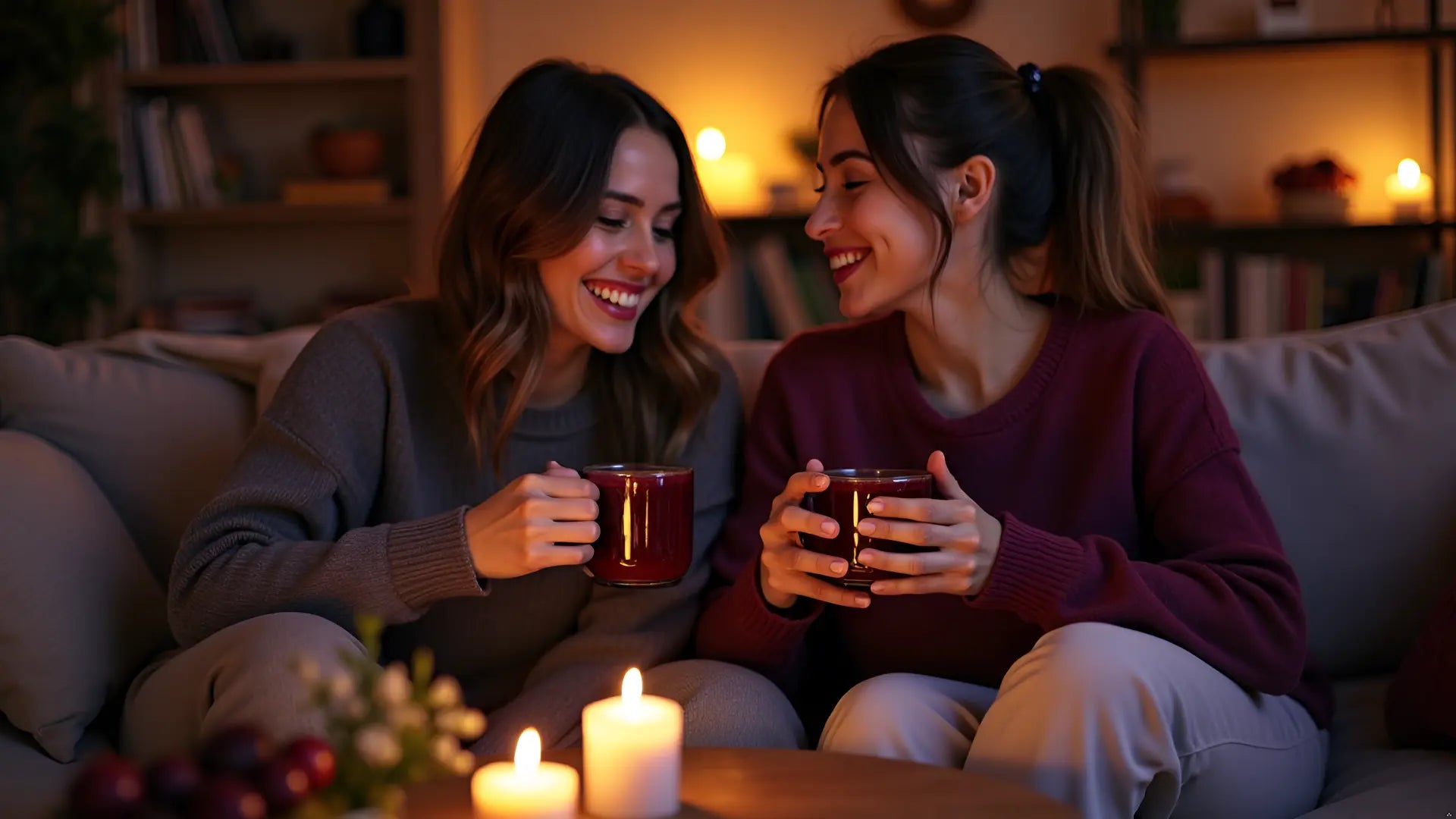 A cozy evening scene. Two women in their 30s sit on a sofa in a warmly lit living room, each holding a dark berry-colored drink in a ceramic mug. Candles glowing on the coffee table, dark purple and burgundy tones, soft blanket draped over the couch, bookshelf in the background. Relaxed, intimate atmosphere. Warm editorial lifestyle photography. No text.