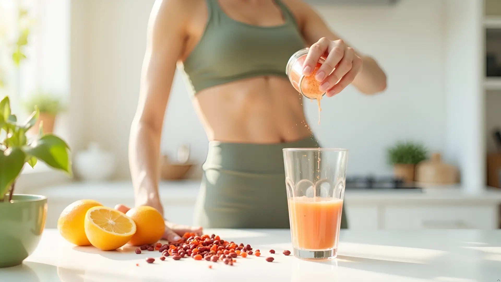 A fresh, energetic kitchen scene. A woman in her early 30s in activewear stands at a bright white kitchen counter, confidently mixing an orange-red superfood powder into a glass of water. Fresh oranges, goji berries and acai scattered on the counter. Bright natural daylight, clean white and green tones. Health and vitality lifestyle. Editorial wellness photography. No text.