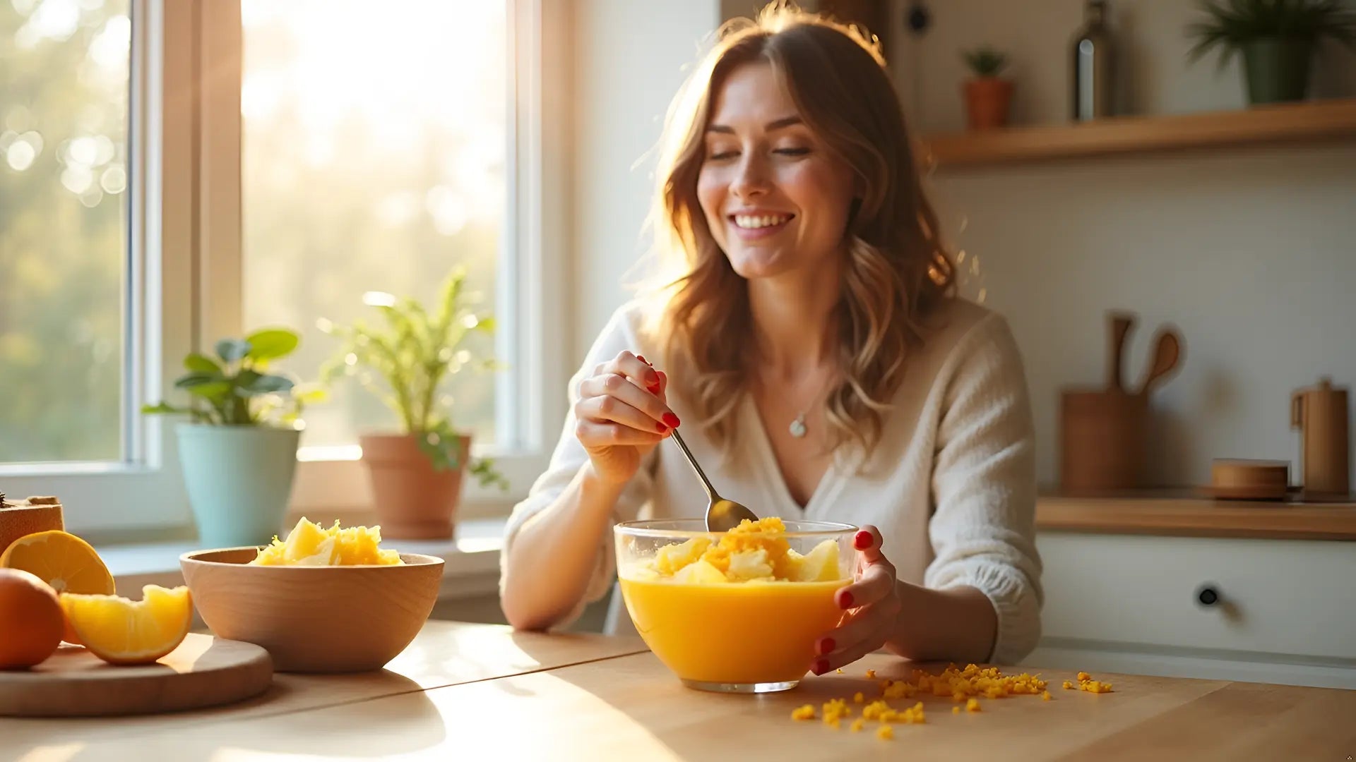 A bright morning kitchen scene. A young woman in her late 20s sits at a wooden table by a sunlit window, happily stirring a vibrant orange-yellow tropical smoothie bowl topped with fresh mango slices, pineapple chunks and orange zest. Soft golden morning light streams through the window. Minimalist Scandinavian kitchen, cream and warm wood tones. Clean healthy lifestyle. Editorial food photography style. No text.