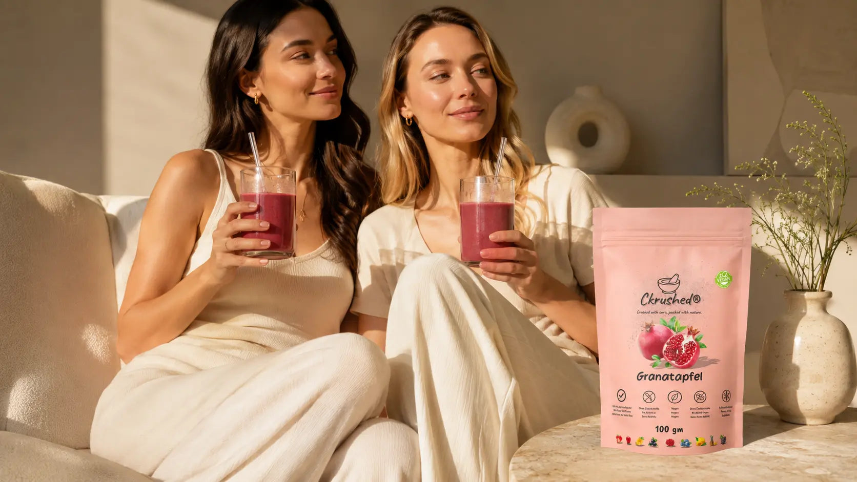 Premium freeze-dried pomegranate powder by Ckrushed displayed in a luxury wellness lifestyle scene with two women drinking berry smoothies in a minimal neutral-toned interior.