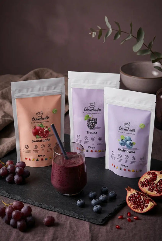 Ckrushed Evening Balance Ritual with Grape, Pomegranate and Blueberry freeze-dried fruit powders for calming wellness smoothies and evening rituals