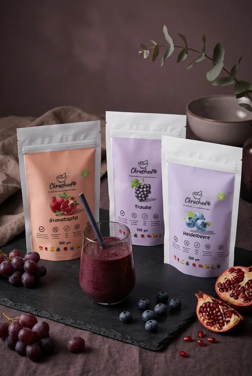 Ckrushed Evening Balance Ritual with Grape, Pomegranate and Blueberry freeze-dried fruit powders for calming wellness smoothies and evening rituals