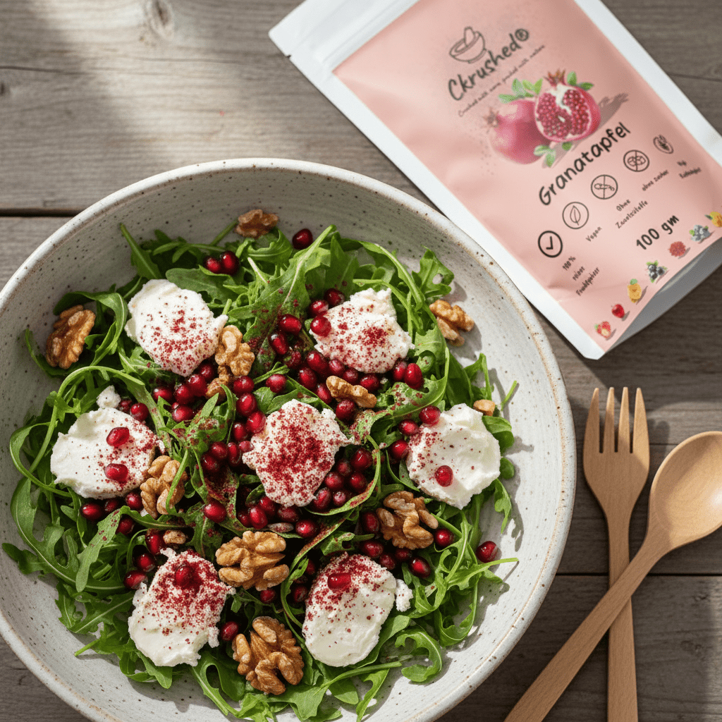 Ckrushed Granatapfelpulver gefriergetrocknet – 100% reine Frucht ohne Zusatzstoffe in tiefroter Pulverform