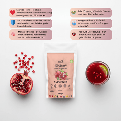 Granatapfelpulver Verpackung 100g – vegan, ohne Zuckerzusatz, reich an Polyphenolen und Punicalagin