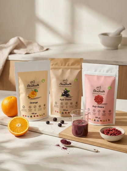 Ckrushed Immunity Ritual Set with Orange, Acai and Goji freeze-dried fruit powders for wellness smoothies and immune-focused routines