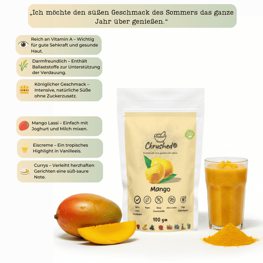Mangopulver Verpackung 100g – Beta-Carotin und natürliche Verdauungsenzyme, vegan und glutenfrei