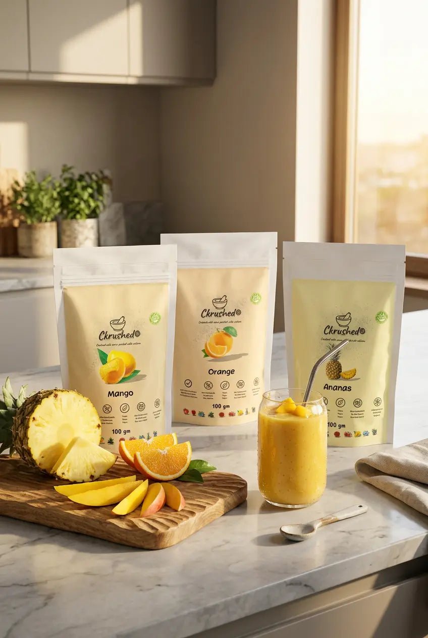 Ckrushed Morning Energy Ritual with Mango, Orange and Pineapple freeze-dried fruit powders for tropical smoothies and daily vitality