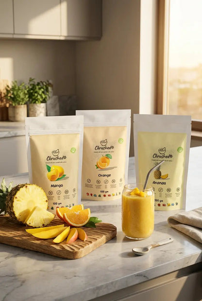 Ckrushed Morning Energy Ritual with Mango, Orange and Pineapple freeze-dried fruit powders for tropical smoothies and daily vitality