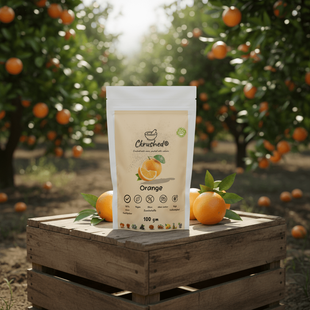 Orangenpulver in Wasser aufgelöst – spritziges Vitamin Getränk ohne Zucker oder Säuerungsmittel