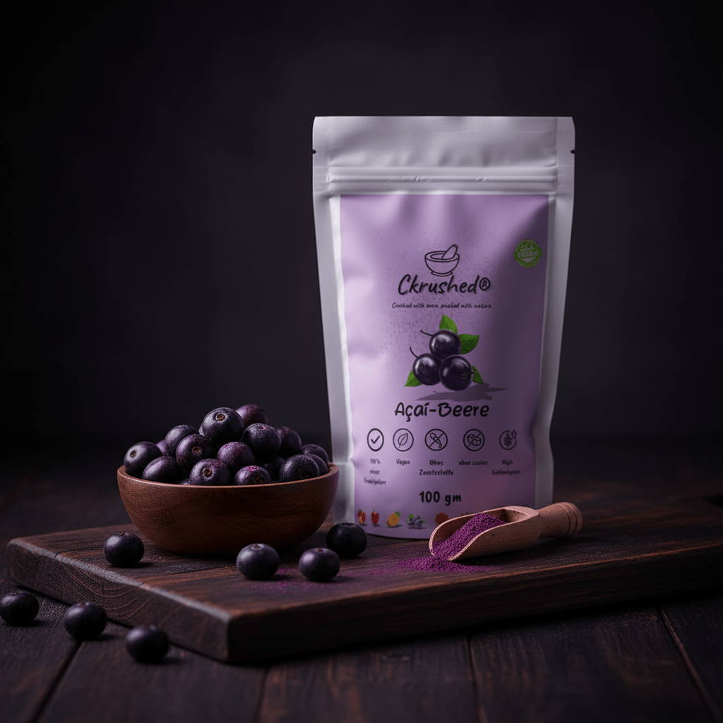 Acai Pulver in der hausgemachten Acai Bowl – cremig mit gefrorenen Bananen und Toppings