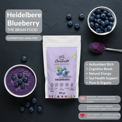 Wild-Heidelbeerpulver Verpackung 100g – 4x mehr Anthocyane als Kulturblaubeeren, vegan